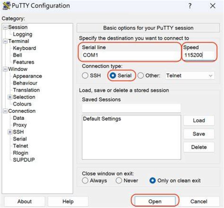 PuTTY Connect to Serial Port